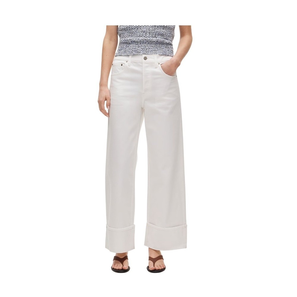 J. Crew Petite Everyday Wide Leg Cuffed Ankle Jean White Rigid Denim 28P